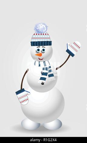 Cute cartoon snowman character in blue knitted hat, scarf and mittens with hand up isolated on white background. Vector illustration, icon, clip art f Stock Vector