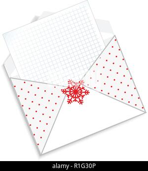 Cute cartoon open envelope with clear paper sheet inside and snowflake ornament isolated on white background. Festive winter icon, clip art for christ Stock Vector