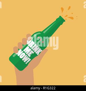 Hand holding beer bottle drink me now. Vector illustration Stock Vector