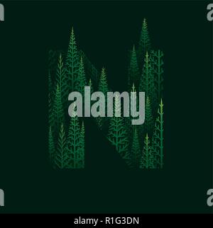 Vector N letter with pine tree forest illustration for Happy New Year. Abstract vector pattern. Stock Vector