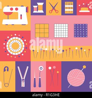 Sewing Tools and Tailor Needlework Icons Stock Vector