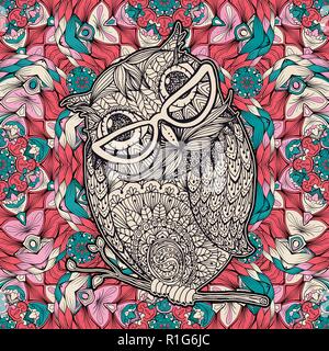 Owl with Glasses Coloring Page or Book Cover. Vector Poster Design with Bird and Antistress Multicolored Kaleidoscope Seamless Pattern on Background for Valentines Day Cards Stock Vector