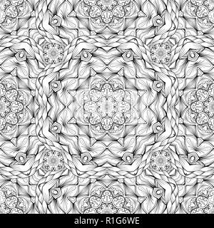 Monochrome Hand-Drawn Kaleidoscope. Black and White Doodles Waves Ornament with Mandala. Valentines Day Love Design. Abstract Floral Petals Vector Seamless Pattern. Antistress Wallpaper for Coloring Stock Vector