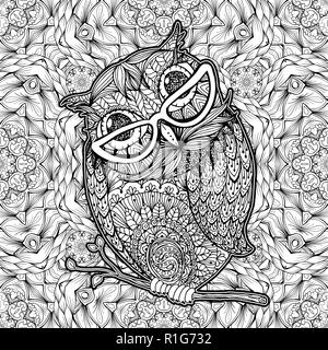 Owl with Glasses Coloring Page or Book Cover. Vector Poster Design with Bird and Antistress Monochrome Hand-Drawn Seamless Pattern on Background for Valentines Day Cards Stock Vector