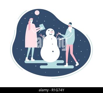 People building a snowman - flat design style illustration Stock Vector