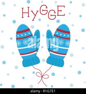 Winter greeting card in flat cartoon style. Nice knitted mittens on a string. Hygge. Stock Vector