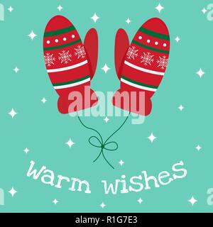 Winter greeting card in flat cartoon style. Nice knitted mittens on a string. Warm wishes. Stock Vector