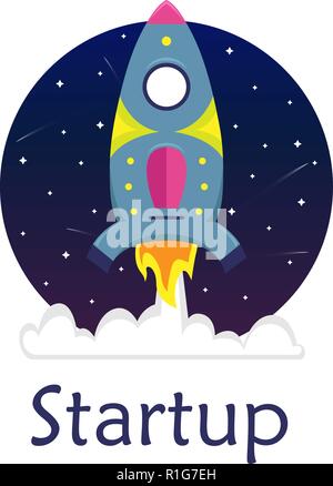 Flat bright cartoon spaceship in a starry sky. Startup. Stock Vector