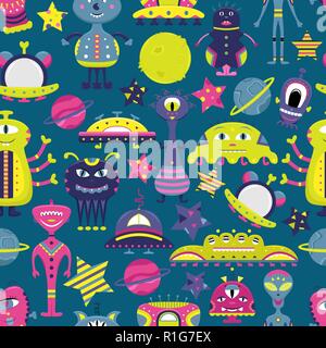 The vector cartoon seamless pattern with flat aliens, spaceships, planets, satellites and cosmonaut. Funny characters. Stock Vector