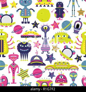 The vector cartoon seamless pattern with flat aliens, spaceships, planets, satellites and cosmonaut. Funny characters. Stock Vector