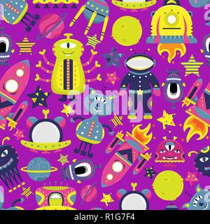 The vector cartoon seamless pattern with flat aliens, spaceships, planets, satellites and cosmonaut. Funny characters. Stock Vector