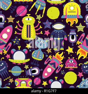 The vector cartoon seamless pattern with flat aliens, spaceships, planets, satellites and cosmonaut. Funny characters. Stock Vector