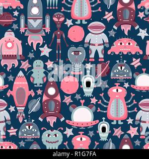 The vector cartoon seamless pattern with flat aliens, spaceships, planets, satellites and cosmonaut. Funny characters. Stock Vector