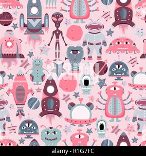 The vector cartoon seamless pattern with flat aliens, spaceships, planets, satellites and cosmonaut. Funny characters. Stock Vector