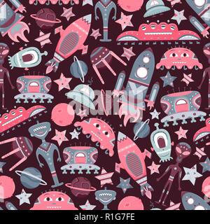 The vector cartoon seamless pattern with flat aliens, spaceships, planets, satellites and cosmonaut. Funny characters. Stock Vector