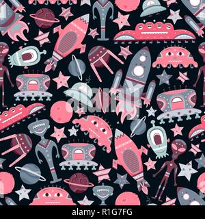 The vector cartoon seamless pattern with flat aliens, spaceships, planets, satellites and cosmonaut. Funny characters. Stock Vector
