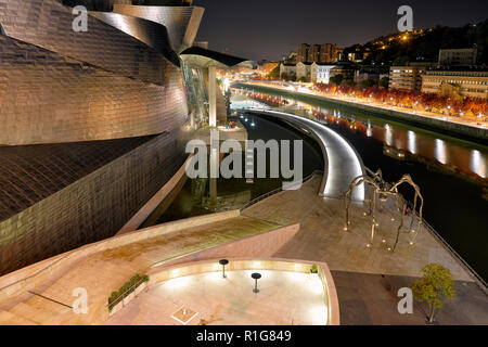 Guggenheim Museum and Deusto University at Night, Bilbao, Biscay, Basque Country, Spain, Europe Stock Photo