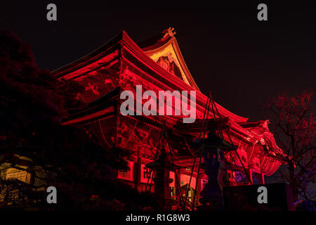 Nagano, Japan 02-08-2018 Zenkoji temple illuminted to commemorate the anniversary of the 1998 winter olympics in Nagano Stock Photo