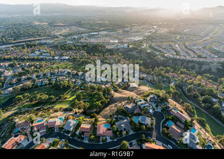 Aerial view of streets, homes and parks in the Porter Ranch area of Los Angeles, California. Stock Photo