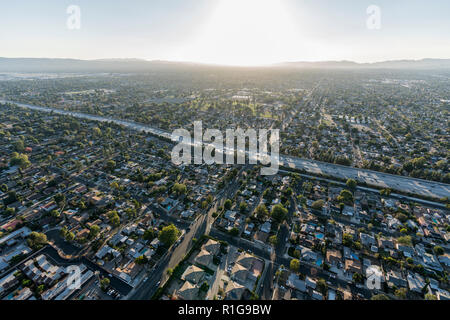 Late afternoon aerial view of San Diego 405 freeway crossing the San Fernando Valley in Los Angeles, California. Stock Photo