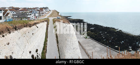 PEACEHAVEN, ENGLAND - JULY 8, 2018: Panoramic view of Friars Bay from the Chalk Cliff in Peacehaven, UK. Stock Photo