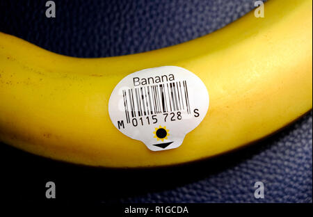 yellow banana, bar code sticker Stock Photo