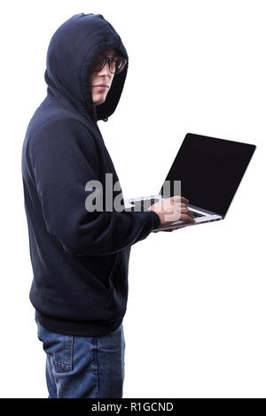 the man programmer with glasses in the hood with laptop isolated on white background Stock Photo