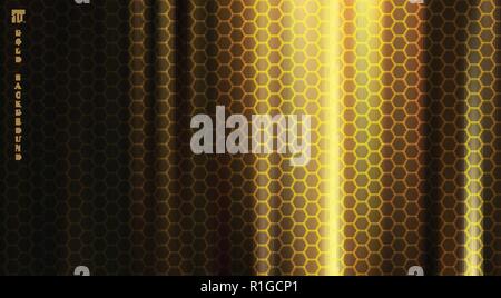 Golden fabric with smooth crease and folds highlight deep shadows on black background with hexagons pattern texture. Vector illustration Stock Vector