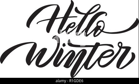Hello winter text. Vector Brush lettering. Card design with custom ...