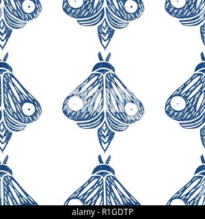 Butterflies. Seamless pattern. Linocut handmade vector illustration. Blue-gray color. Isolated on white. Stock Vector