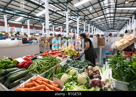 Fruit and veg stall inside the Mercado do Livramento taken in the morning, Avenida Luisa Todi, Setubal, Lisbon region, Portugal, Europe Stock Photo