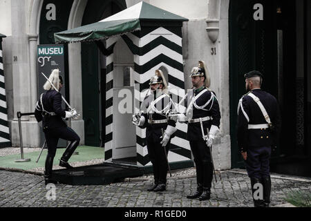 Change of guard at the entrance to Guarda Nacional Republicana, the National Republican Guard or GNR. Members of the GNR are military personnel, subje Stock Photo