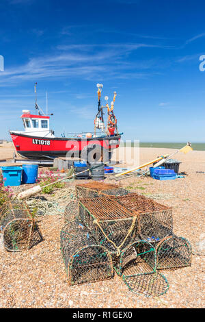 Aldeburgh Suffolk Aldeburgh traditional fishing boats and lobster pots on the beach at Aldeburgh beach Suffolk England UK GB Europe Stock Photo