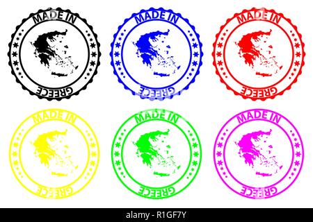 Made in Greece - rubber stamp - vector, Greece map pattern - black, blue, green, yellow, purple and red Stock Vector