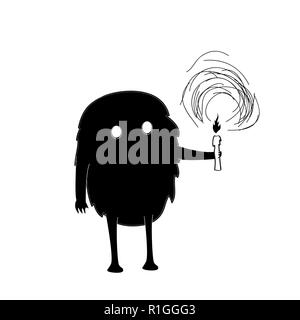 Hand drawn vector illustration with black cute monster with candle. Stock Vector