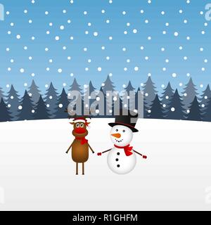 Christmas reindeer and snowman in the forest Stock Vector