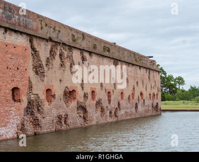 Rifled cannon shell damage at Fort Pulaski National Monument guarding the Savannah River in Georgia USA Stock Photo