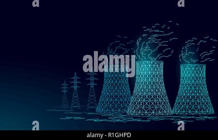 Nuclear power station cooling tower low poly. 3d render ecology pollution save planet environment concept triangle polygonal. Radioactive nuclear reactor electricity vector illustration Stock Vector
