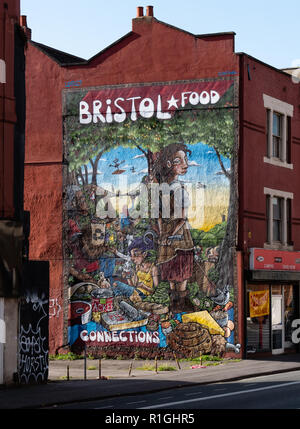 Three storey street art work in Hotwells Bristol UK celebrating Bristol Food Connections organisation - by street artist Silent Hobo Stock Photo