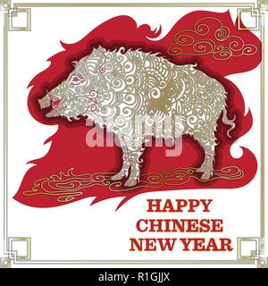 Chinese New Year 2019. Zodiac Pig. Happy New Year card, pattern. Vector illustration. Chinese traditional Design, golden decoration. Stock Vector