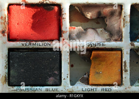 Set of watercolor paints in paintbox, close-up Stock Photo