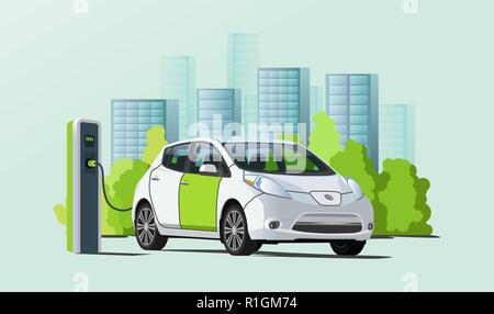 Electric car charging at charger station, cityscape on background Stock Vector