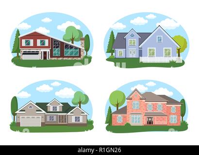 Vector Buildings Set. Flat Design Houses set Isolated on White Background. Stock Vector