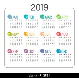 Colorful Year 2019 minimalist calendar, on white background. Vector template Stock Vector