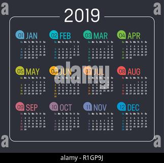 Colorful Year 2019 minimalist calendar, on black background. Vector template Stock Vector