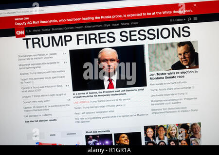'Trump Fires Sessions' headline on CNN web site on 7th November 2018 announcing the resignation of US Attorney General, Jeff Sessions.. Stock Photo