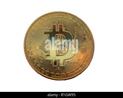 closeup of gold bitcoin isolated on white background Stock Photo