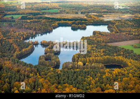 Aerial View, Heidesee Kirchhellen Grafenwald, heath, lakes, islands with autumn forest, colorful fall foliage, subsidence due to coal mining of the co Stock Photo