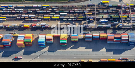 Aerial view, Duisport, Duisburg port, Logistics, Goods transport, Container, Container loading, Goods transfer point, Inland navigation, Kasslerfeld,  Stock Photo