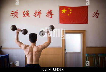 Teenage boy lifting dumbbells in a gym. Stock Photo